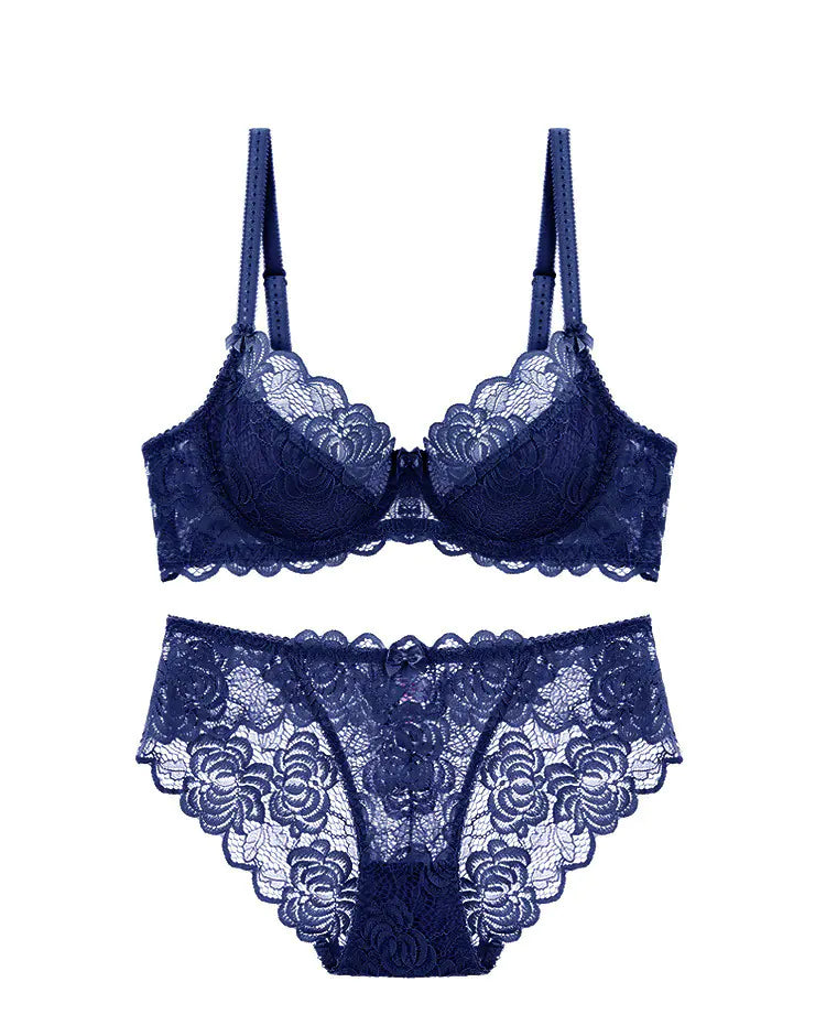 Lace Bra Set with Underwire and Thin Mesh Fabric - Lingerie
