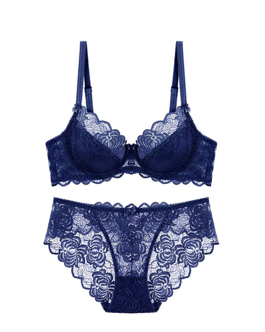 Lace Bra Set with Underwire and Thin Mesh Fabric - Lingerie