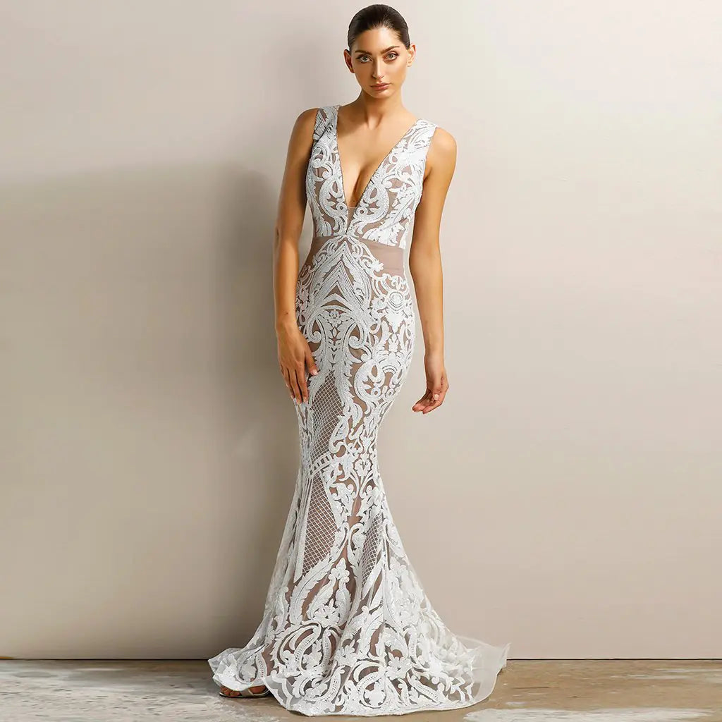 Sexy Deep V Neck Sleeveless Evening Gown Dress - 888