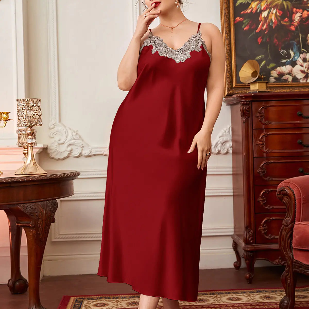 Plus Size Contrast Lace Cami Sleepwear Dress - Lingerie