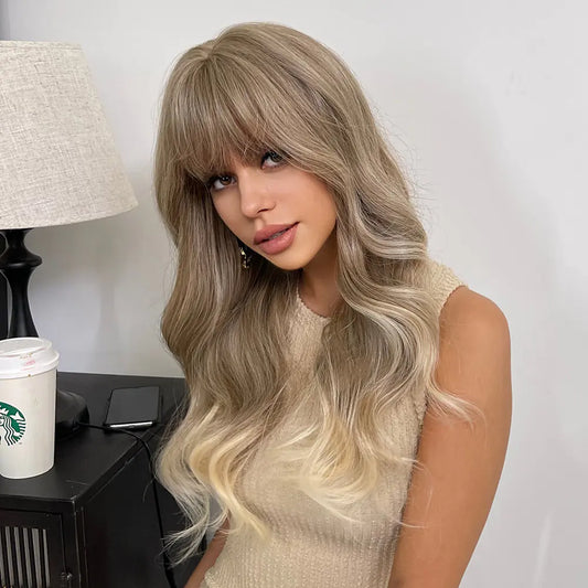 Long Brown Wavy Synthetic Wig with Bangs for Women