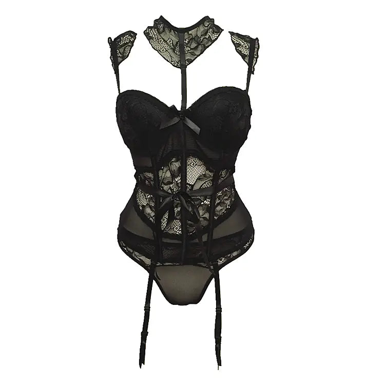 Lace Corset Bodysuit with Bow and Underwire Bra Set - Lingerie