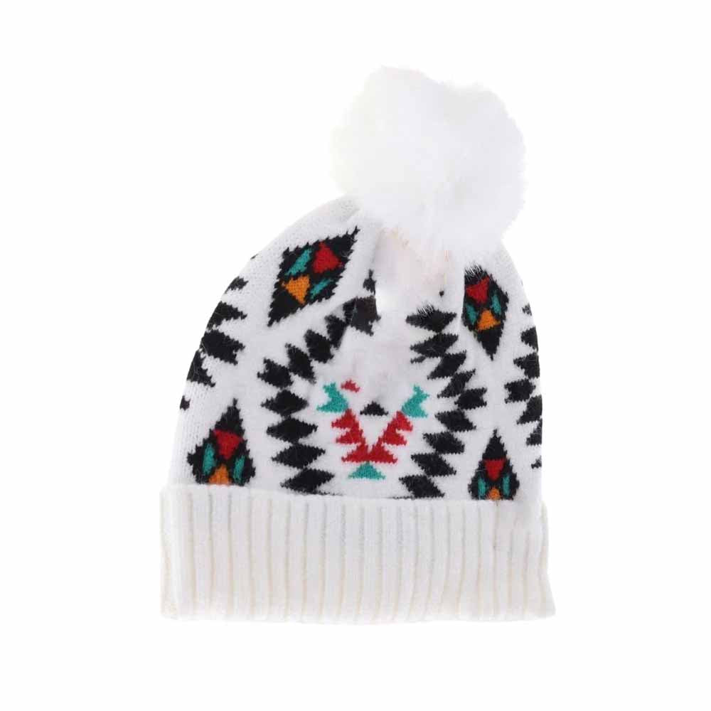 KIDS Aztec Patterned Faux Fur Pom C.C Beanie