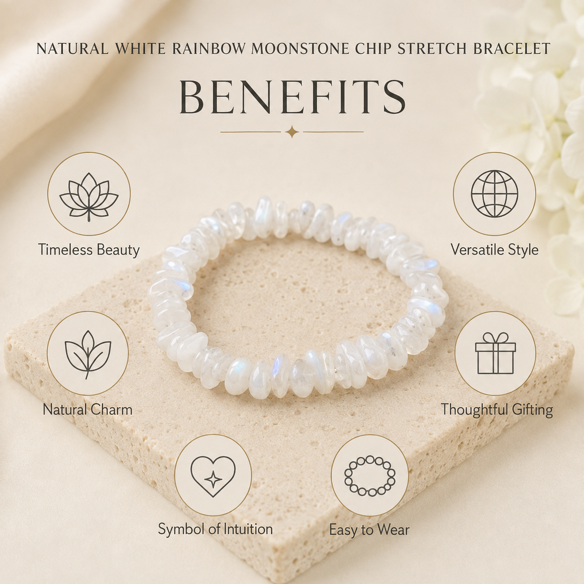 White Rainbow Moonstone Chip Bracelet (Growth and Compassion)