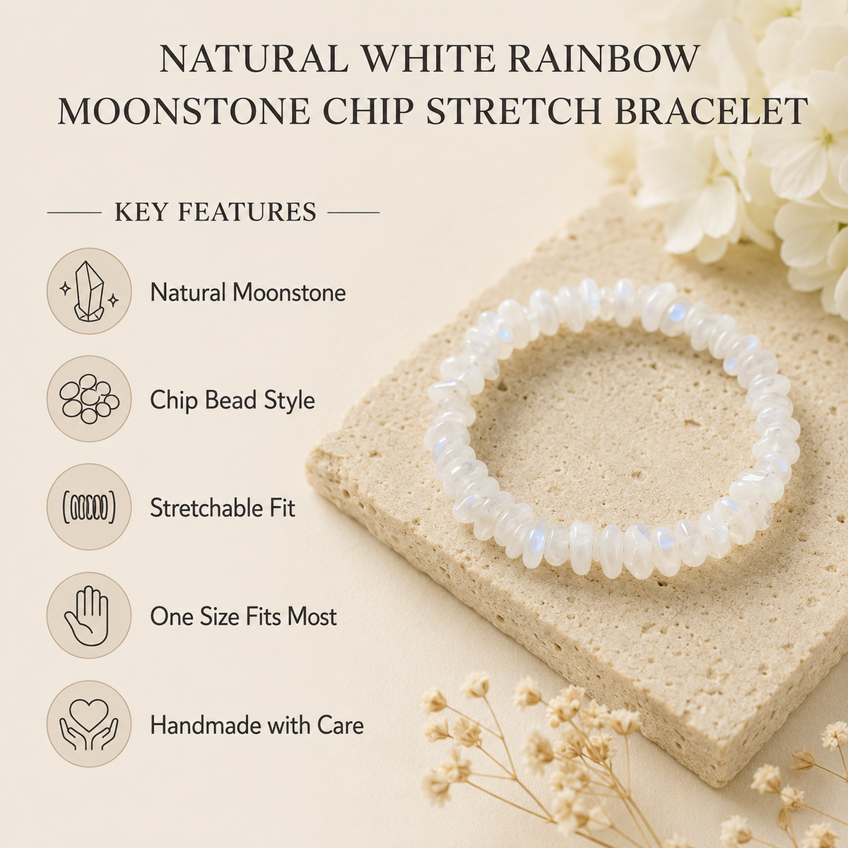 White Rainbow Moonstone Chip Bracelet (Growth and Compassion)