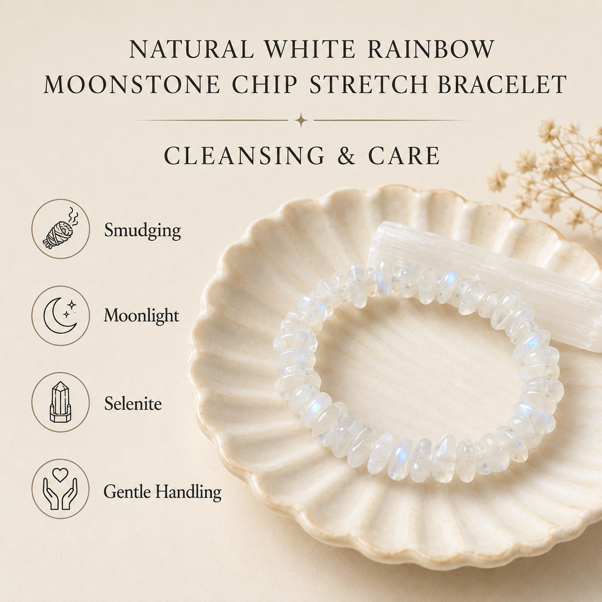 White Rainbow Moonstone Chip Bracelet (Growth and Compassion)