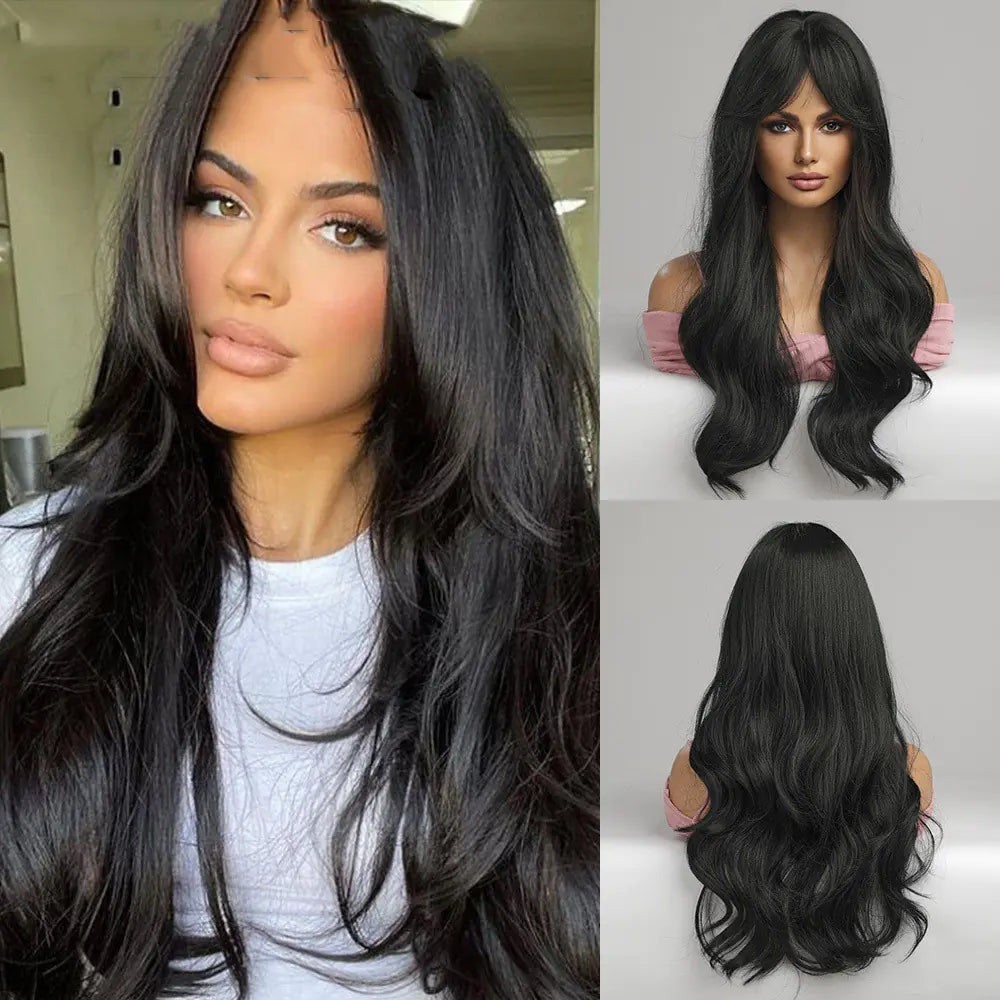 Long Black Curls with Eight-Character Bangs
