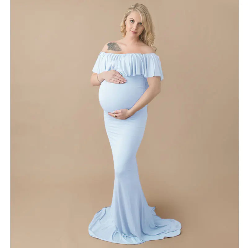 Maternity Long Dress with Ruffle Collar for PhotographyMaternity Maxi Dress for Photography and Baby Showers - 888