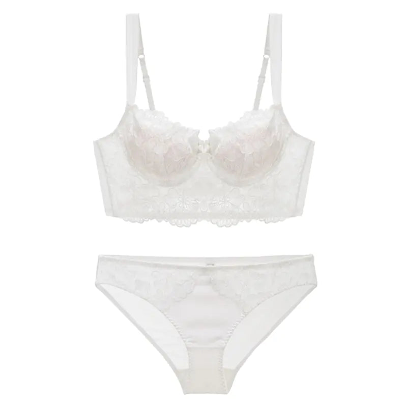French Lace Long-Line Bra Set with Embroidery (Comfort Fit) - Lingerie