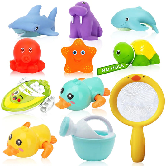 No Hole Bath Toys for Babies 0-6-12 Months+ Wind-up Swimming Ducks & Boat Bath Toys for Kids Ages 1-3 Baby Pool Toys Fishing Net Water Toys Watering Can Toddler Bath Toys for 1+ Year Old Boy Girl - US seller