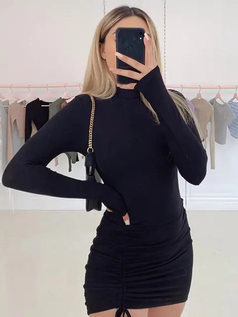 Black Turtleneck Ruched Bodycon Mini Dress for Women - 888