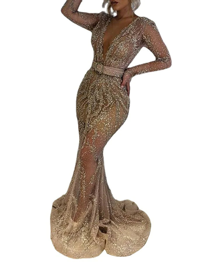 Sequined Long Sleeve Banquet Dress - 888