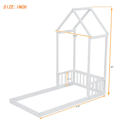 Twin House-shaped Roof Headboard Floor Bed,,without Slats,White
