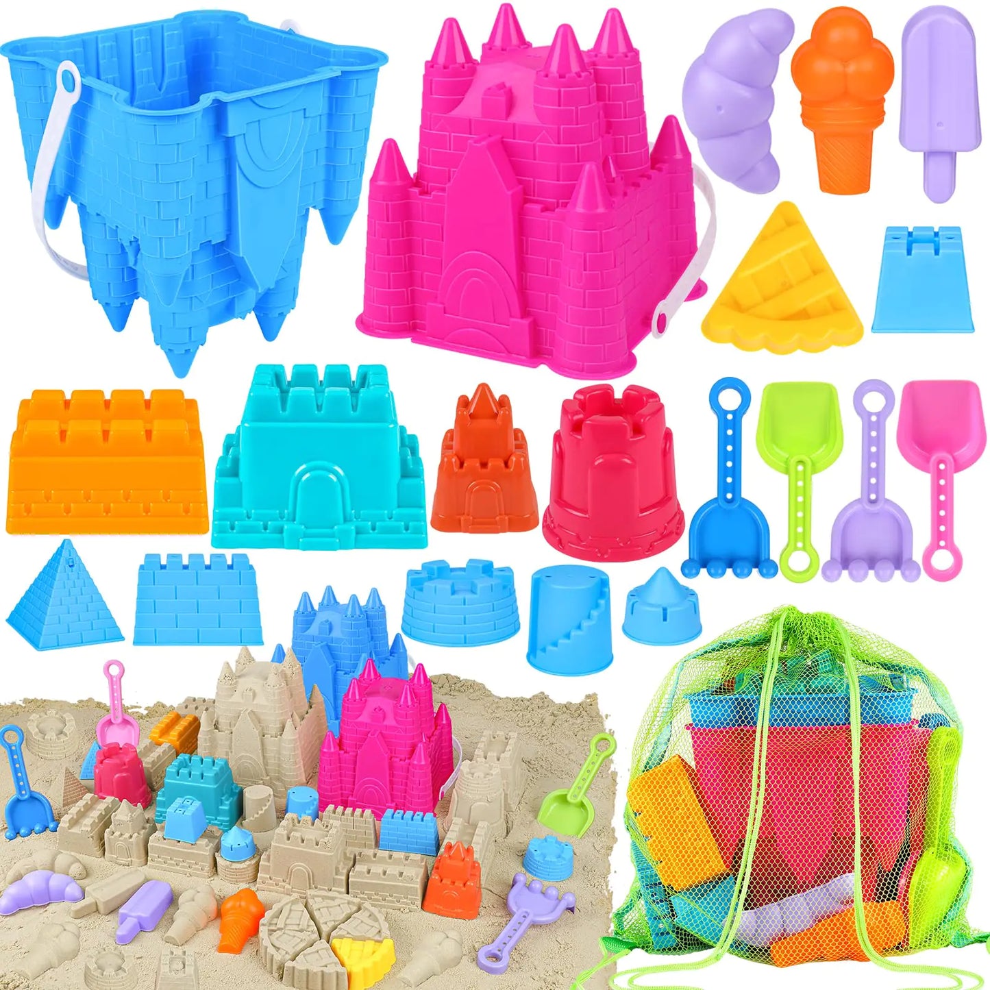 FUSPWEAO Beach Toys Sand Toys for Kids Sand Castle Toys for Beach with 2 Sand Castle Bucket and Mesh Bag Sand Molds Shovels and Rakes Sandbox Toys for Toddlers Travel Beach Toys for Kids 3-10 - US seller