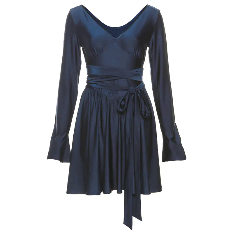 Fashionable V-Neck Backless Dress with Waist Tie - 888