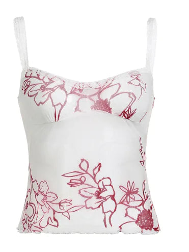 Women's Mesh Plant Print Low-cut Halter Tank Top - Lingerie