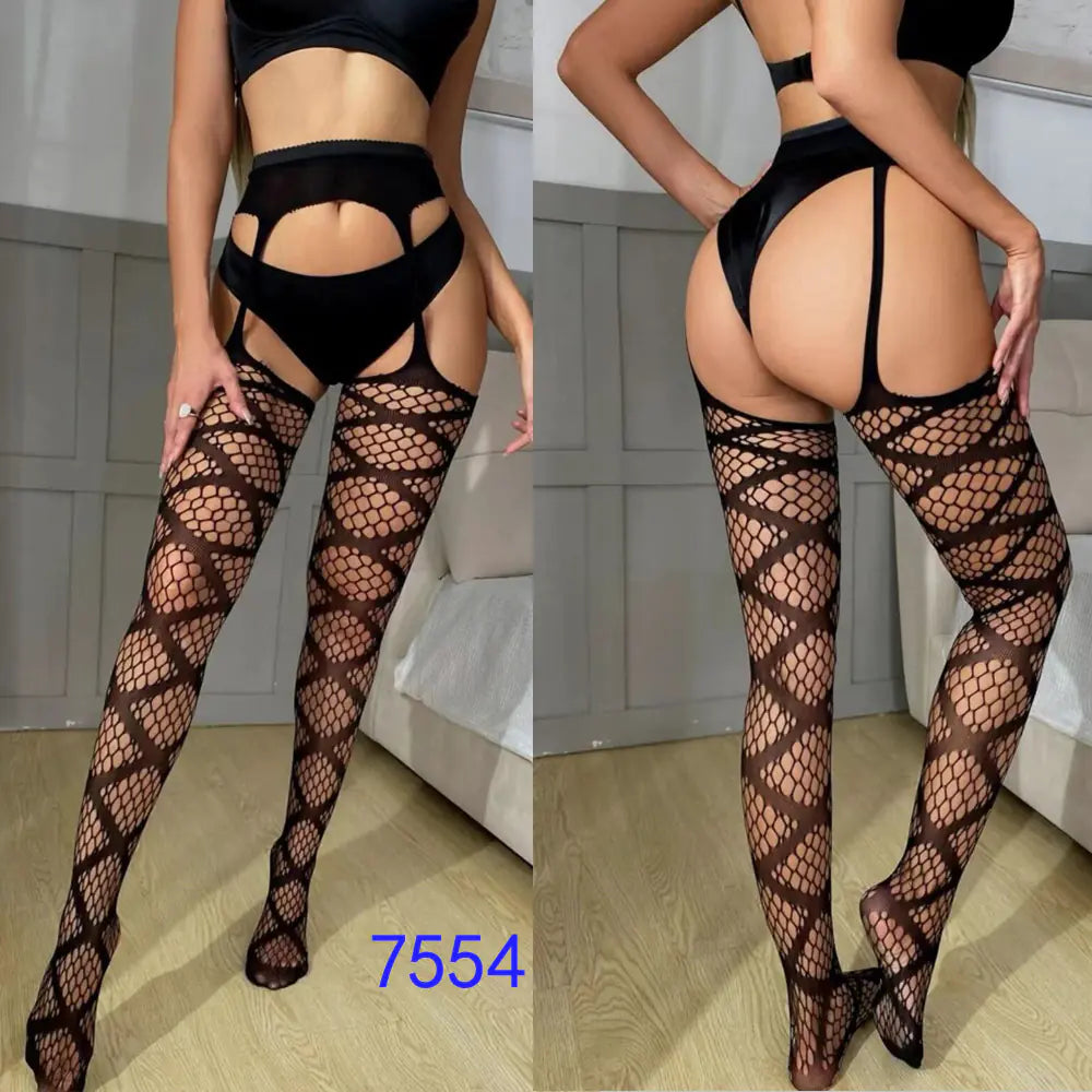 Factory Stock Women's Fishnet Stockings with Floral Design - Lingerie