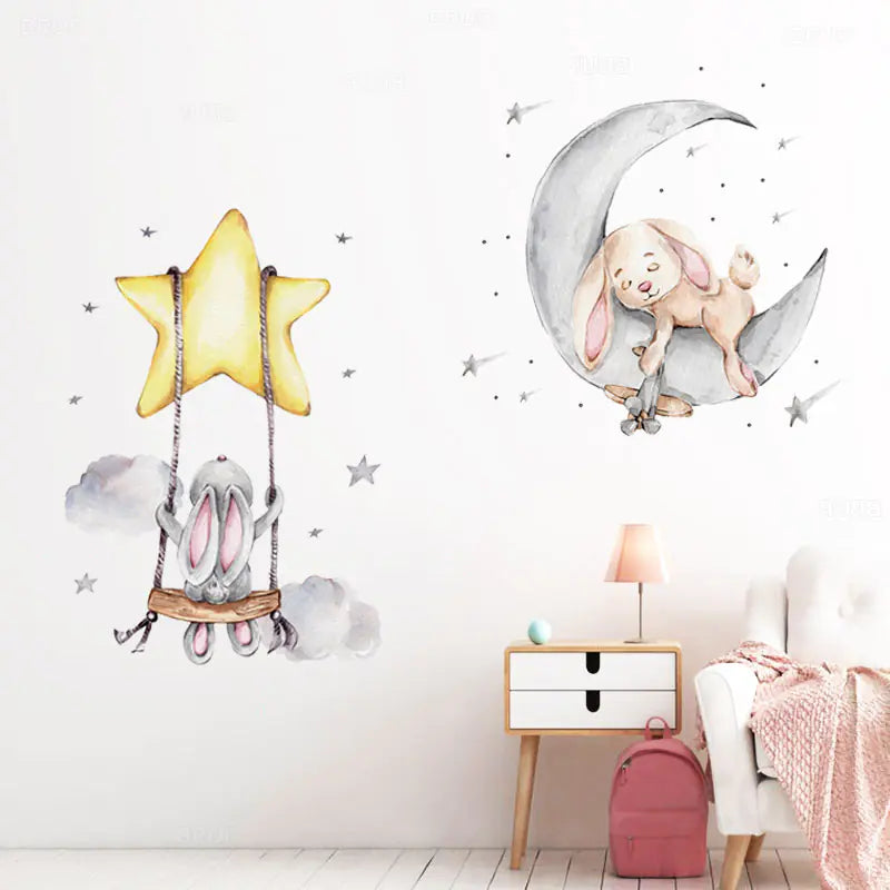 Cartoon Moon and Stars Rabbit Wall Stickers for Kids
