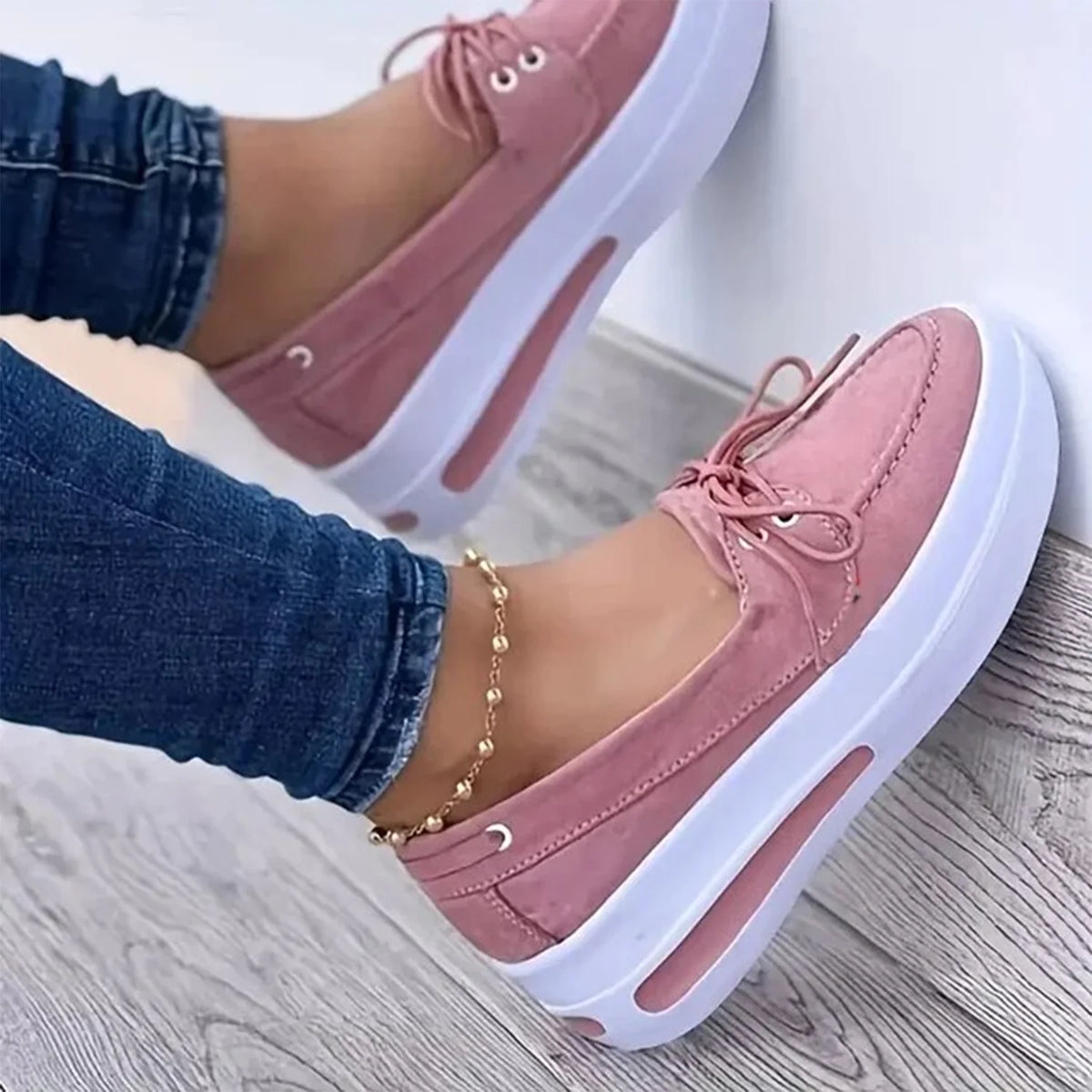 Women Block Shoes Slip On Closed Toe Platform Flat Wedge Casual Lace Up Sneakers
