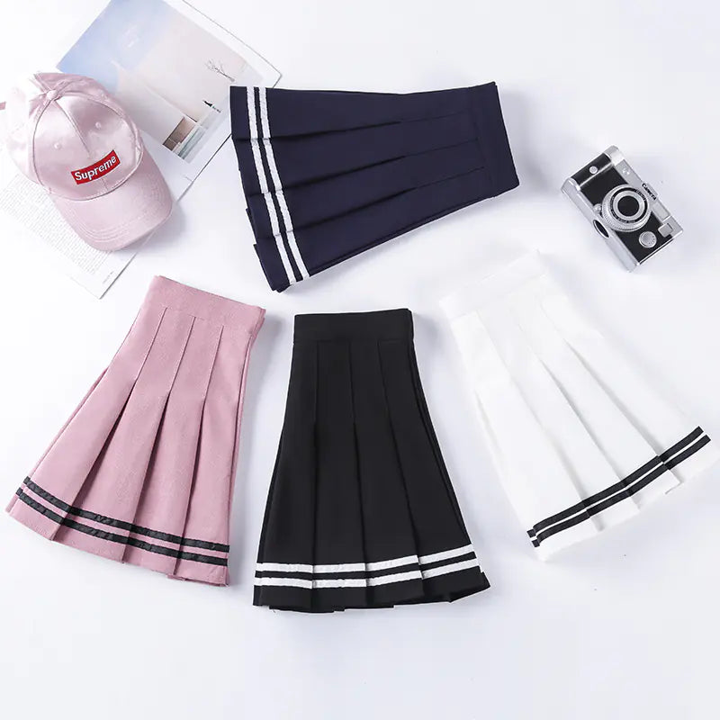 Navy Style Half-Length Striped Elastic Waist Skirt - 888