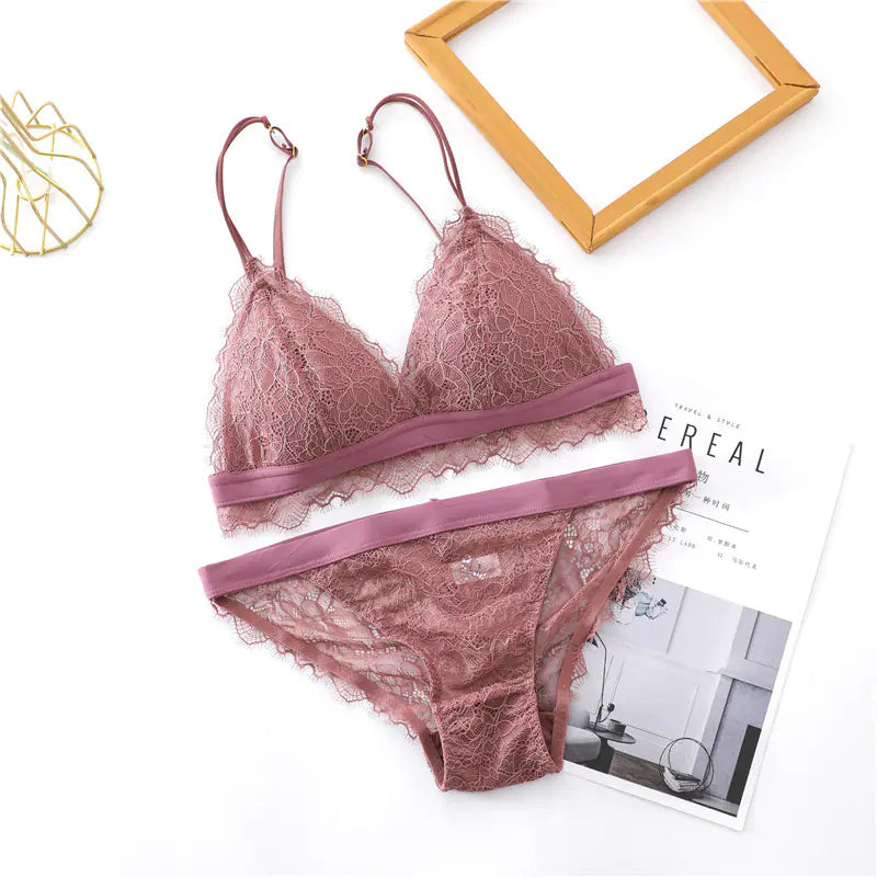 French Ultra-Thin Women's Lace Bra Set with Triangle Cups - Lingerie