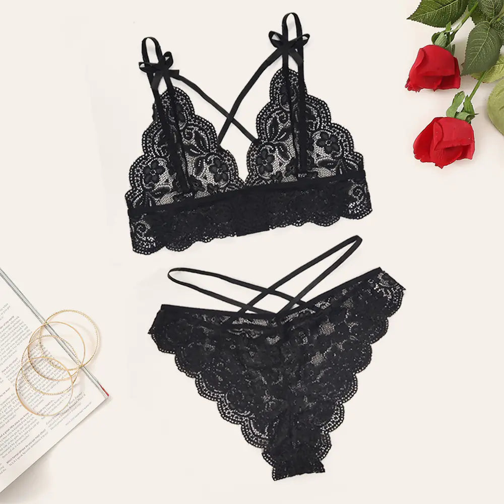 Lace Bra and Brief Set with Cross Belt for Women - Lingerie