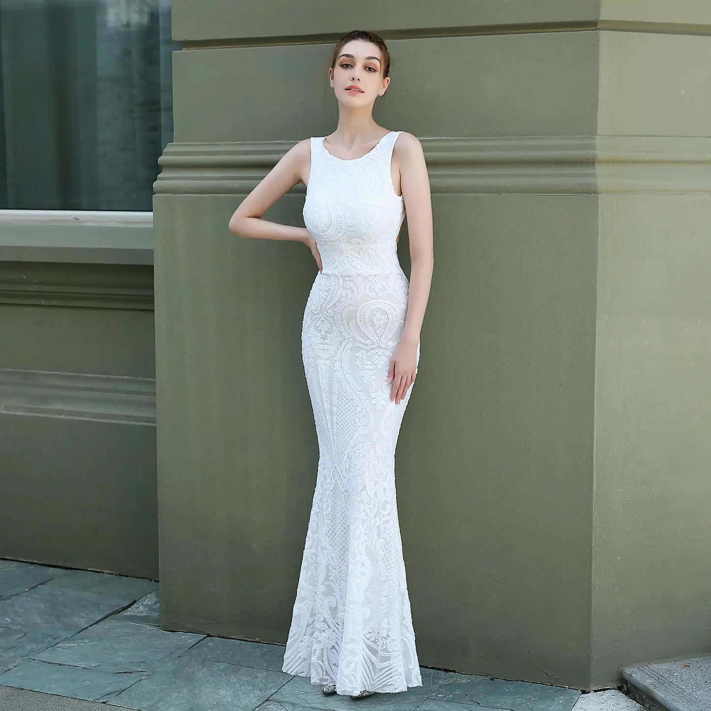 Sequined Fishtail Long Evening Performance Dress - 888