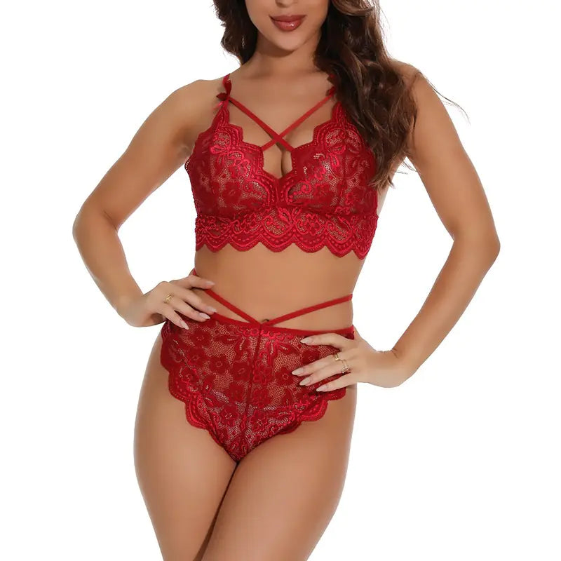 Lace Bra and Brief Set with Cross Belt for Women - Lingerie