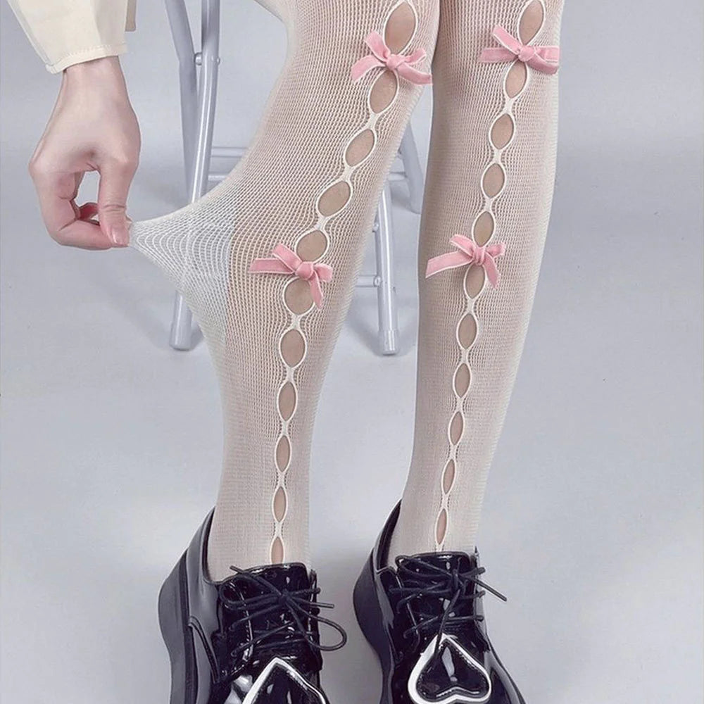 Women's Fashion Red Fishnet Stockings with Bow - Lingerie