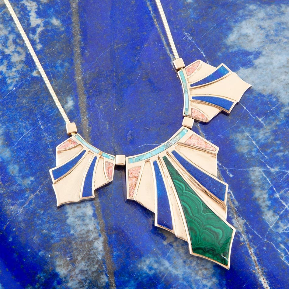 Art Deco Colorful Inlaid Golden Statement Necklace