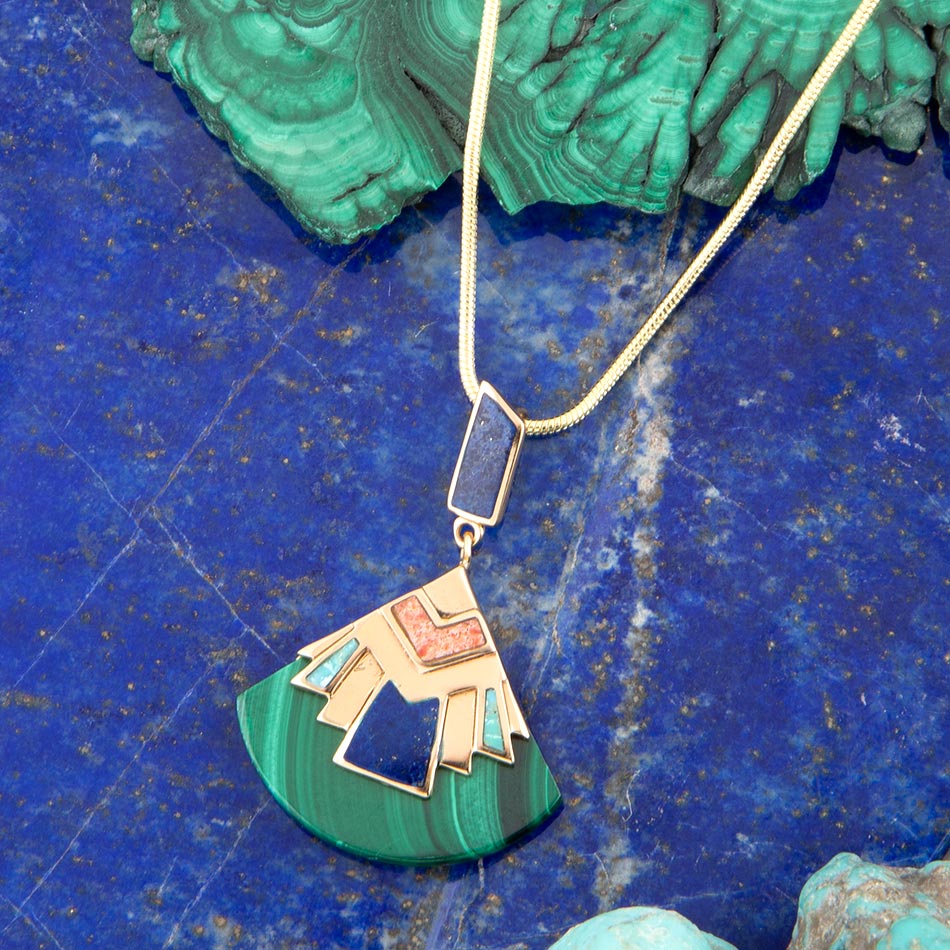 Art Deco Colorful Inlay Golden Pendant Necklace