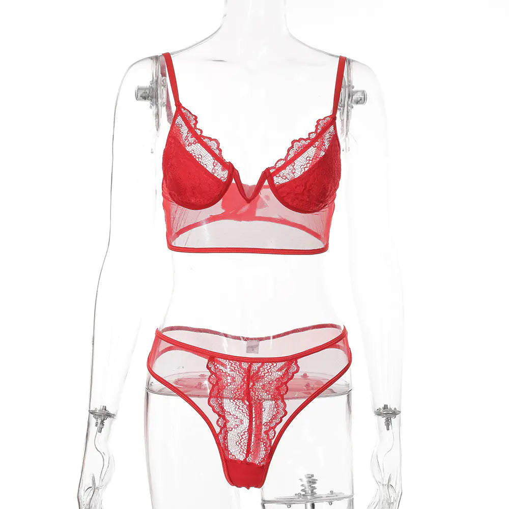 Deep V Lace Floral Lingerie Set for Women