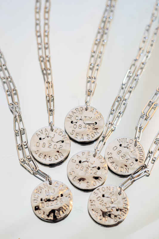 Beach Tag Charm Necklace – Silver - Paper Clip Chain