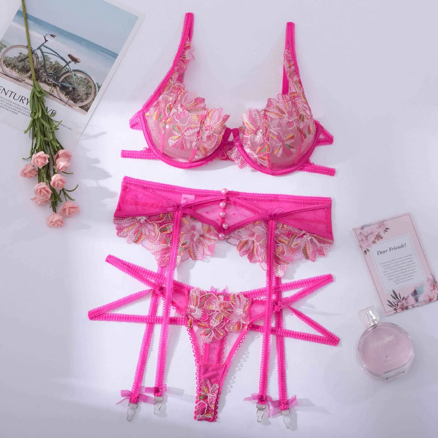 New Lace Embroidered Underwire Lingerie with Straps