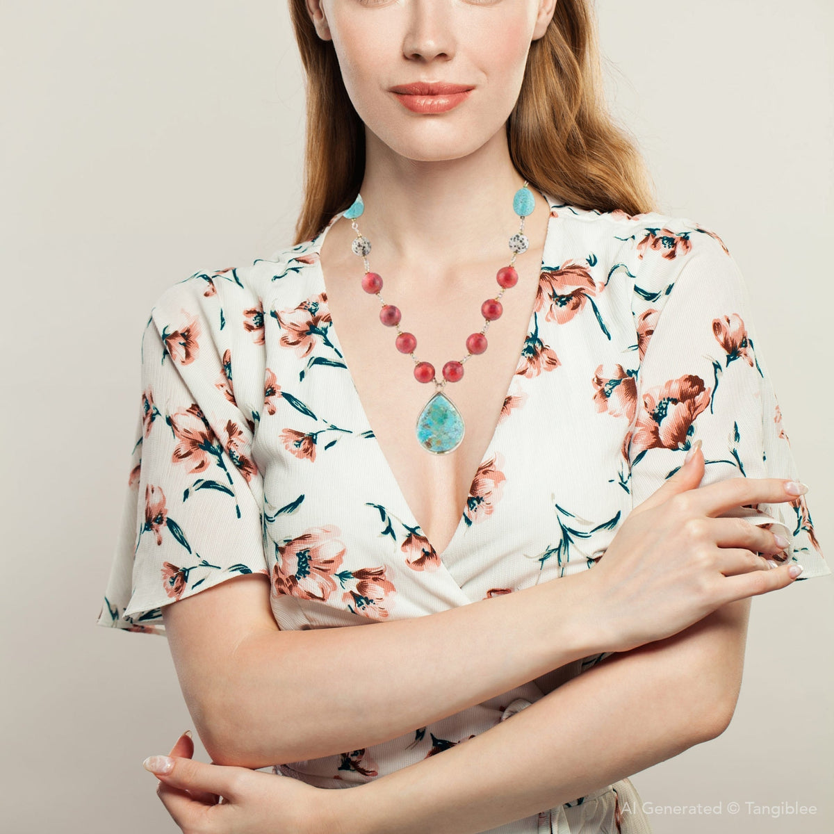 Blue and Red Turquoise Teardrop Golden Necklace