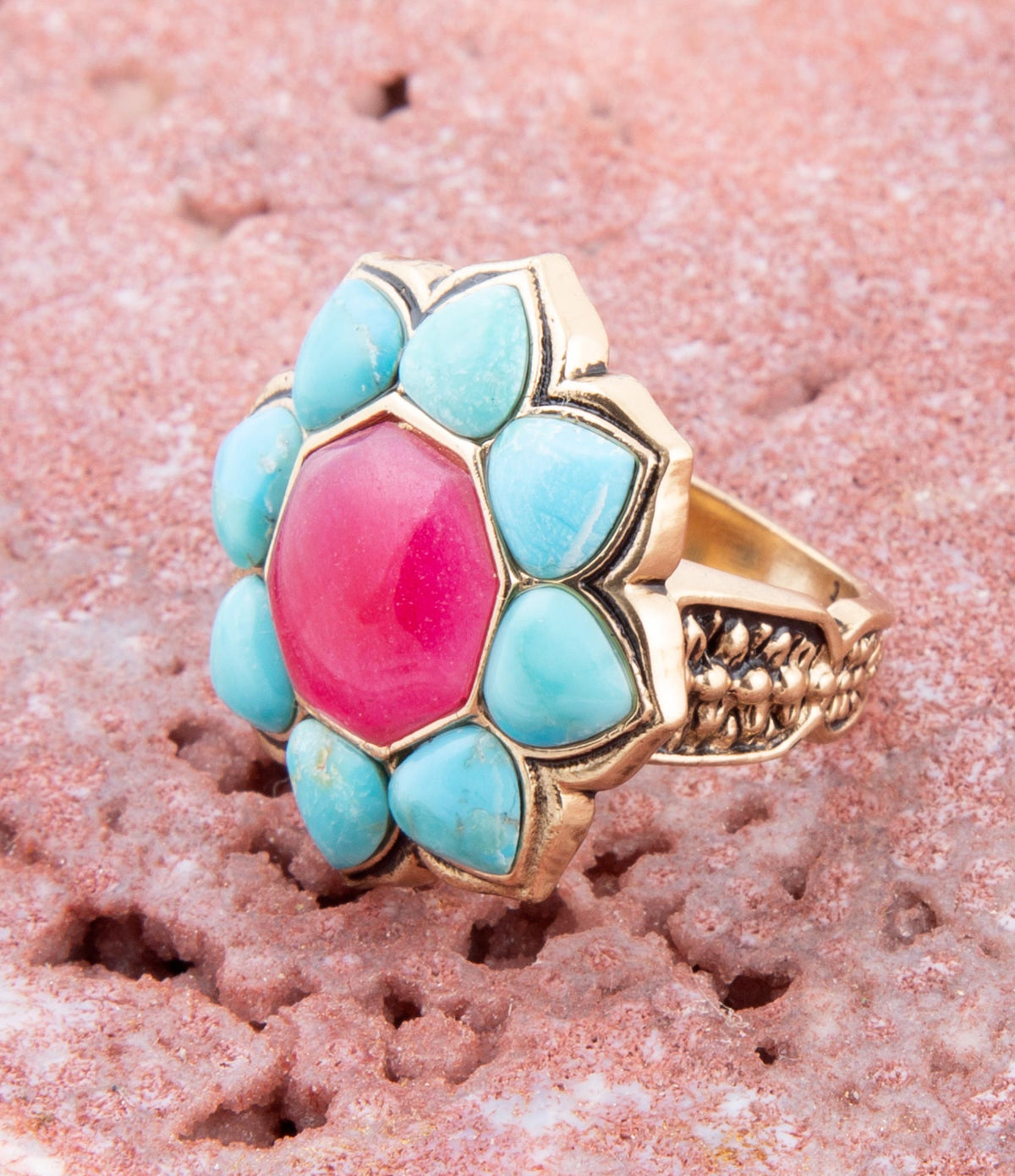 Blue Turquoise and Red Quartz Flower Golden Ring