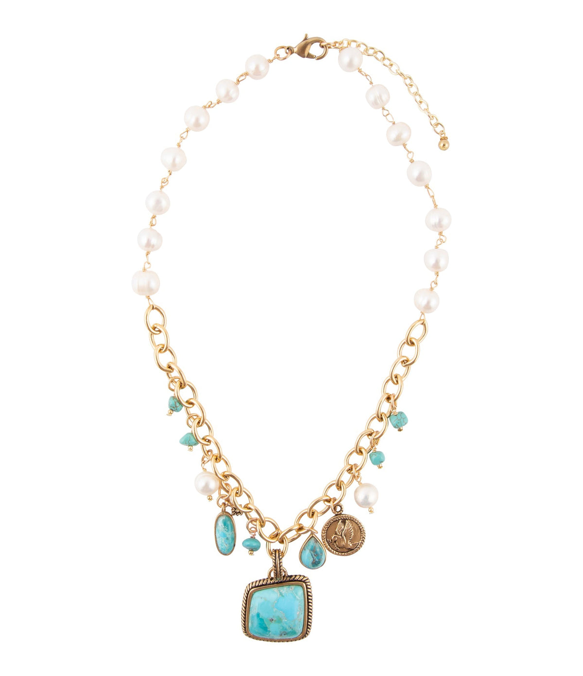 Blue Turquoise and White Pearl Multi Pendant Golden Necklace