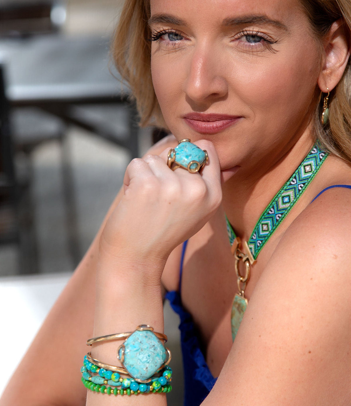Blue Turquoise Rhombus Statement Cuff Bracelet