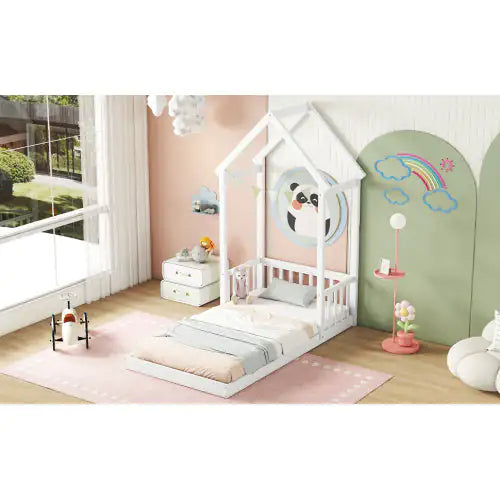 Twin House-shaped Roof Headboard Floor Bed,,without Slats,White