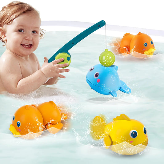 Dwi Dowellin Bath Toys for Toddlers Magnetic Fishing Games Kids Bathtub Toys Mold Free Wind-up Toys Swimming Fish Duck Whale Floating Water Toys for Kids Baby Infant - US seller