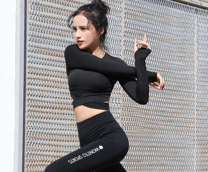 Women's Long Sleeve Cross Yoga Top - Quick-Dry Fitness Shirt - Lingerie