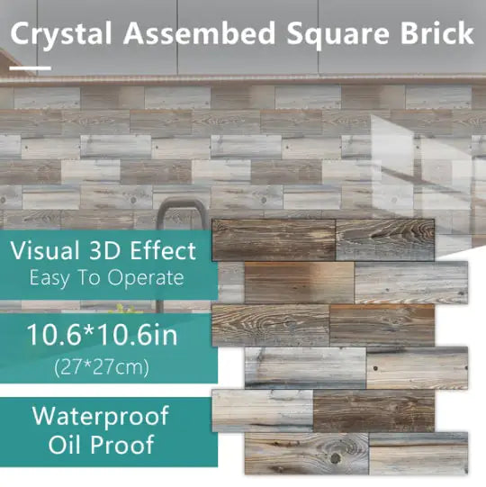12 Pcs Wood Grain Splicing Wall Sticker Peel And Stick Backsplash PVC Wall Tile, Waterproof And Oil -Resistant Stickon Tile For Kitchen Backplash, Bathroom Self Adhesive Design Wall Decoration