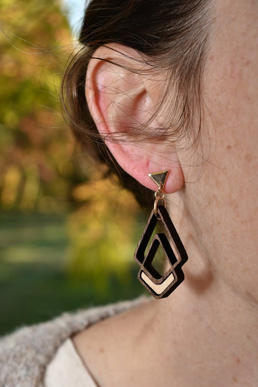 Chevron Wood Earrings – Walnut/Maple Inlay, Gold plated earwire