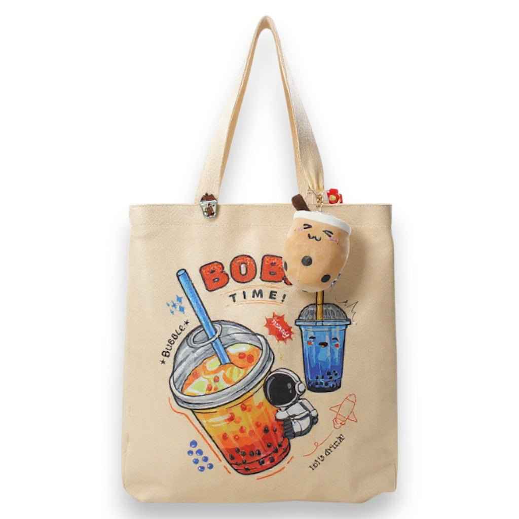 Cream Boba Tote Bag – Cute Gift with Keychain & Enamel Pin