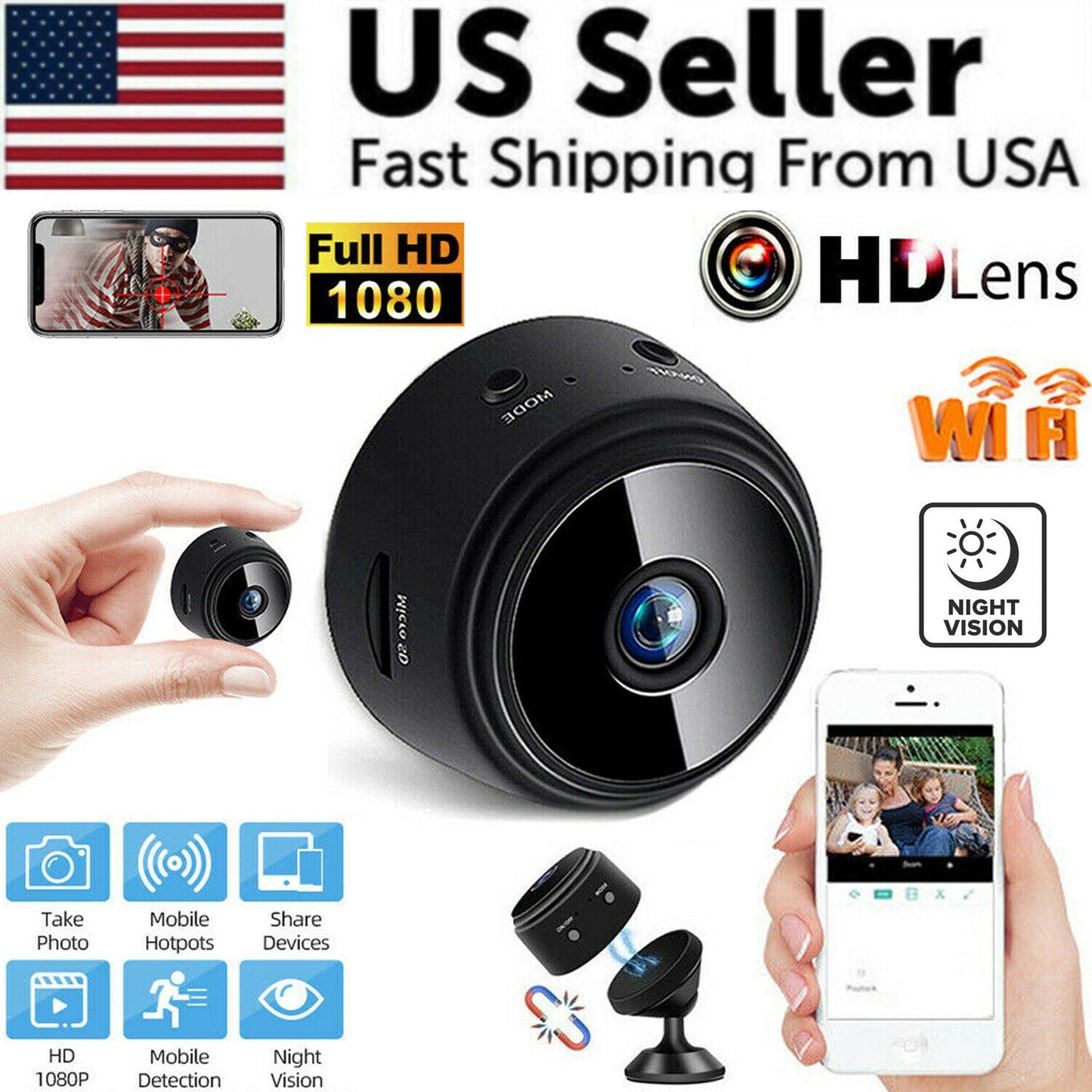 Mini Wireless Camera WiFi IP Home Security DVR Night Vision HD USB 1080P