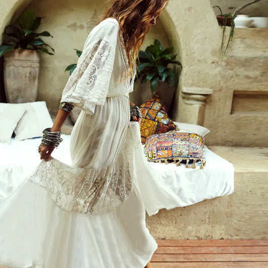 Lace Beach Cover-Up, Loose Vacation Maxi Dress - Lingerie