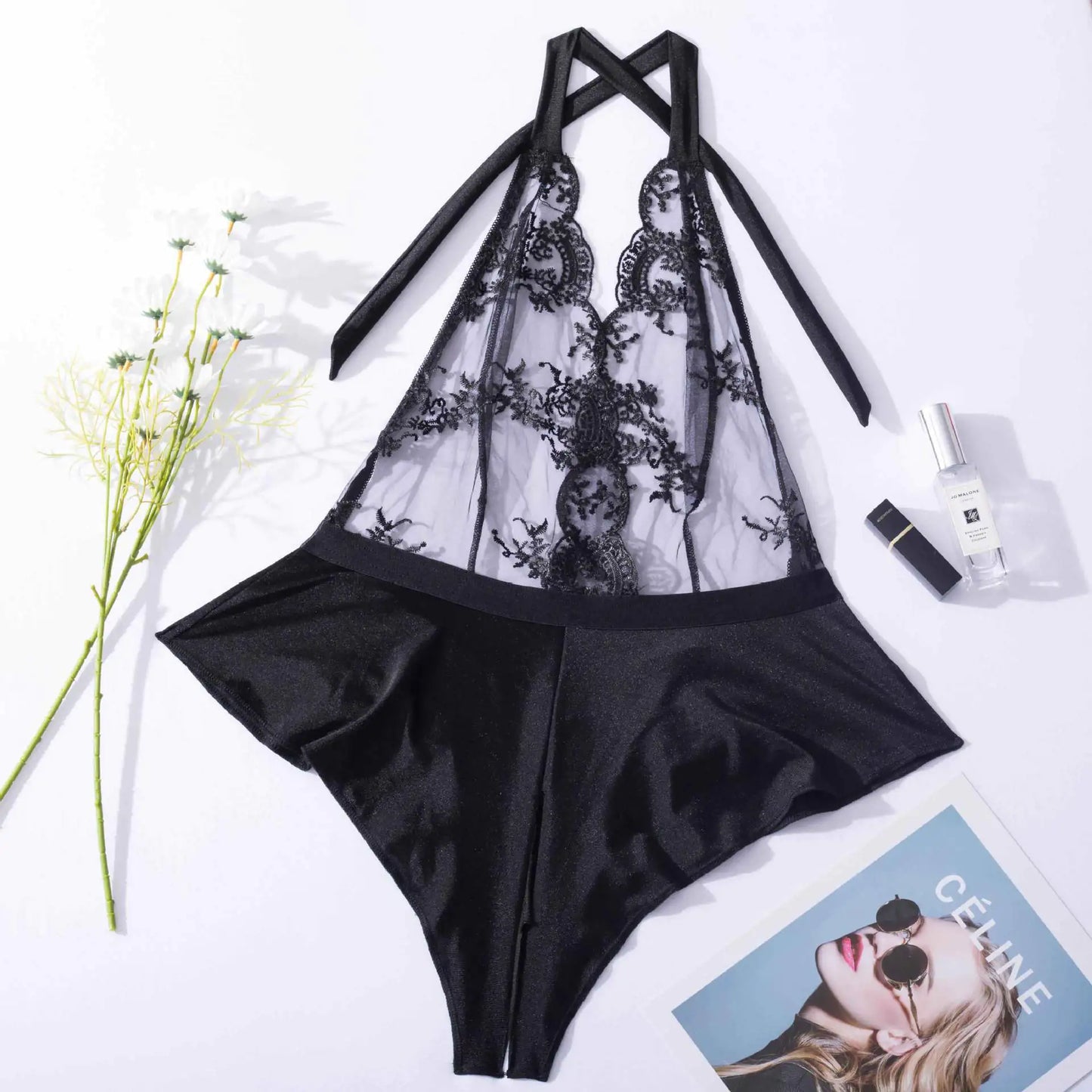 Sexy Embroidered Summer Bodysuit with Lace-Up Design - Lingerie