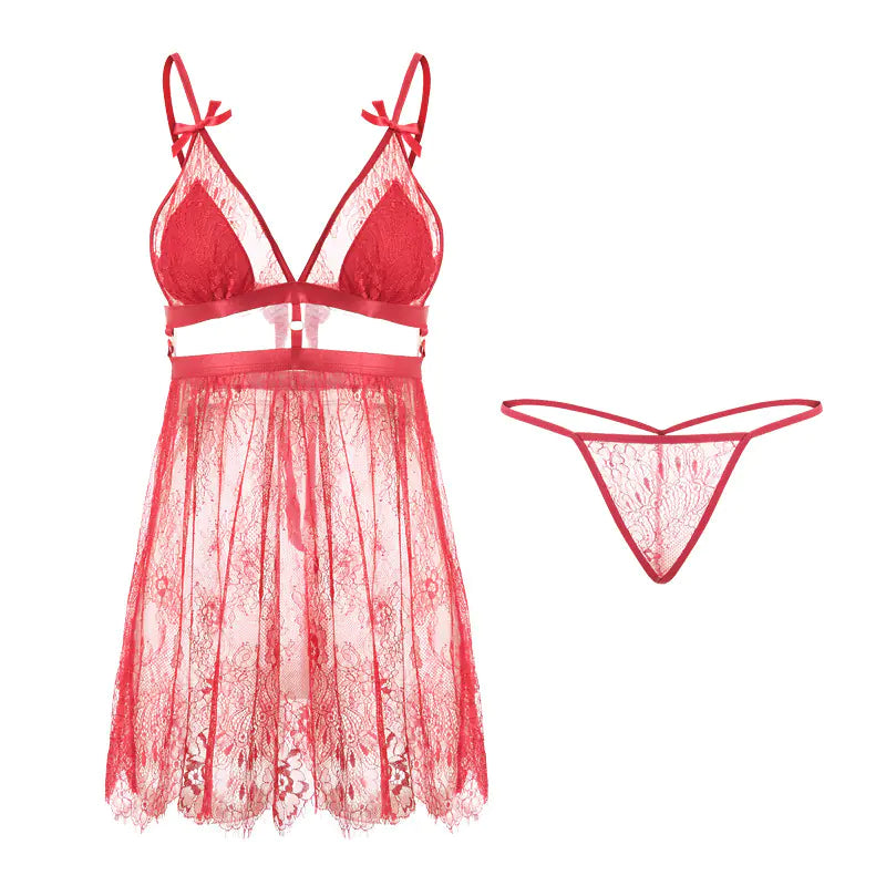 Lace Trim Sleepwear with Sheer Back Tie Nightgown - Lingerie