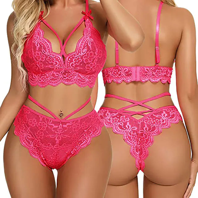 Lace Bra and Brief Set with Cross Belt for Women - Lingerie