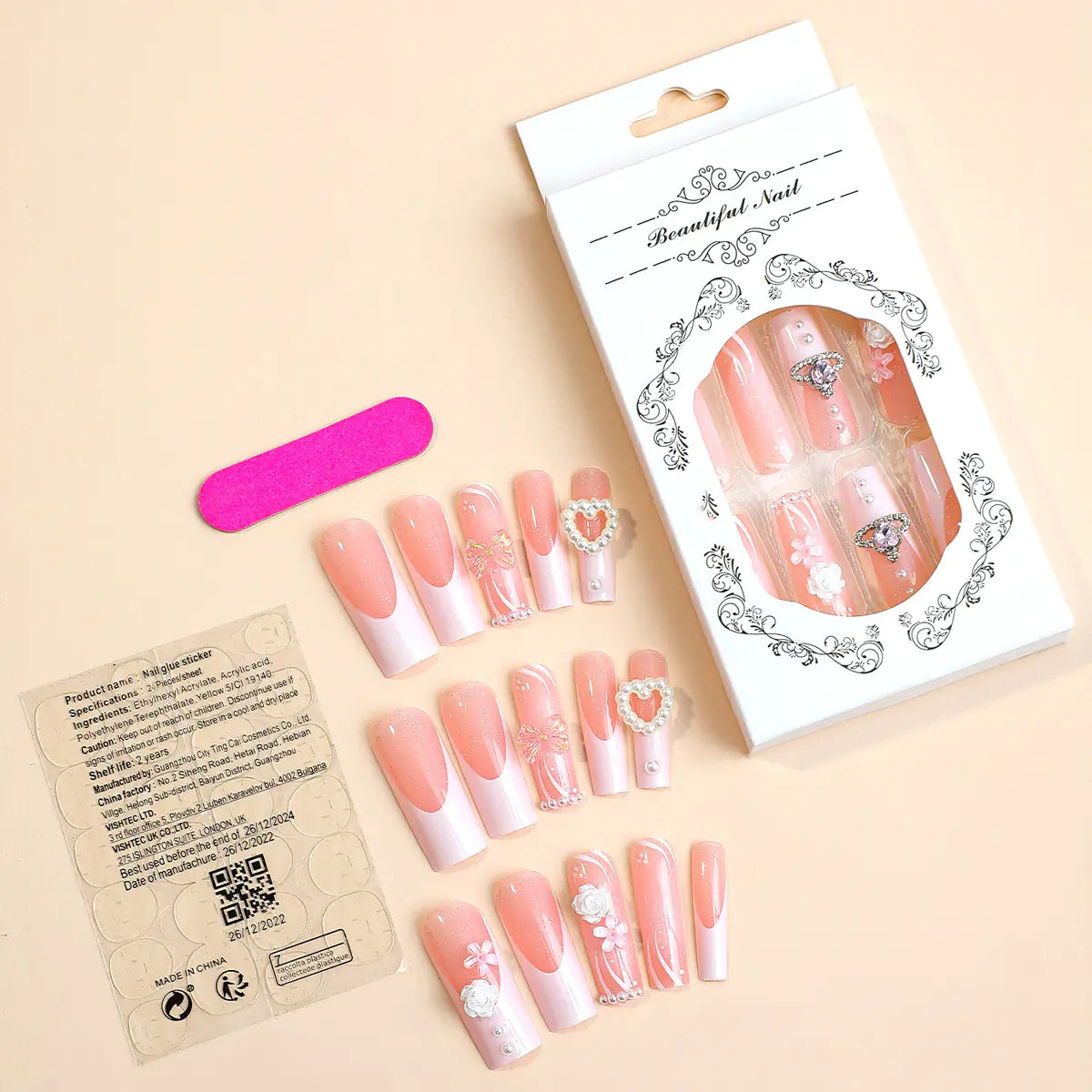 French Tip Butterfly Pearl Nail Art - 24 Pieces Set
